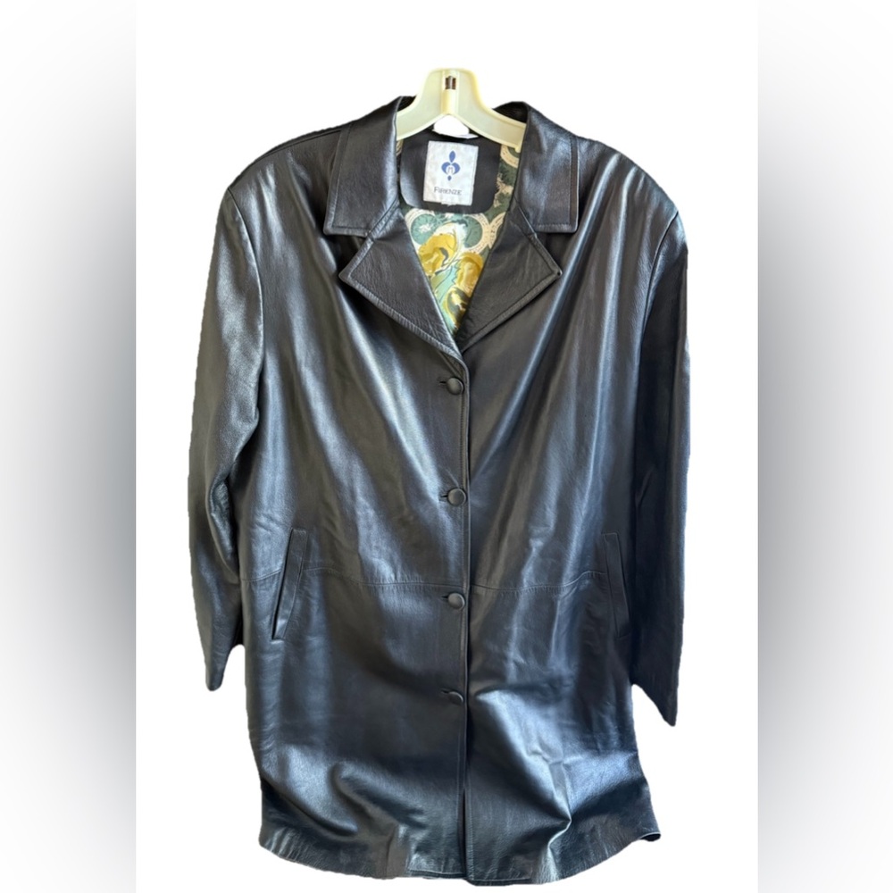 Firenze Leather Jacket Womens Long MADE IN‎ ITALY Coat Black Floral Lined L / XL